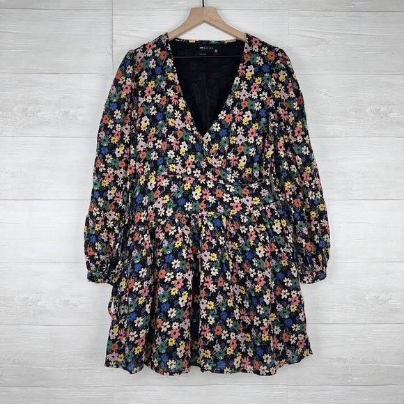Asos‎ Long Sleeve Mini Wrap Dress Size 8 Black Ditsy Floral V Neck Puff Sleeves - Picture 1 of 13